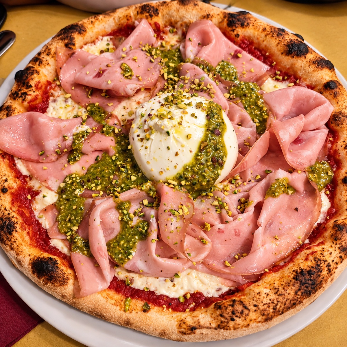 Pizza con mortadella, burrata e pesto